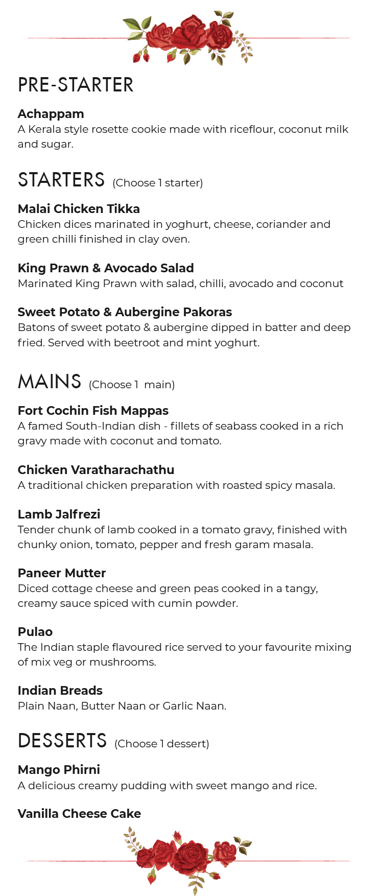 Zamorins Valentines Menu