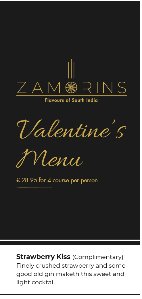 Zamorins Valentines Menu
